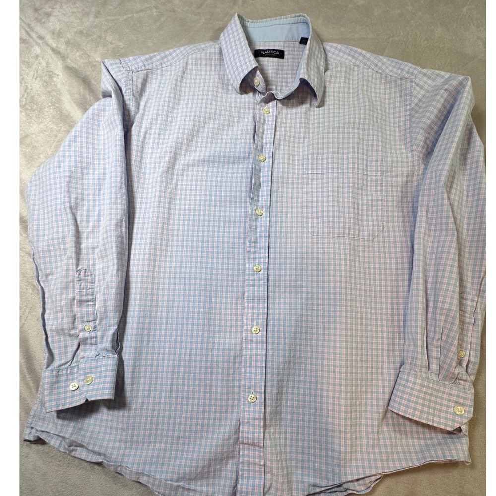 Nautica Mens Blue Pink Gingham Plaid Cotton Button Down Shirt Size 17 34/35